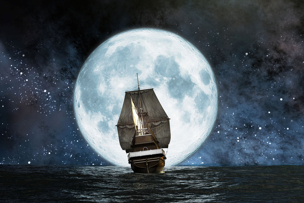 Segelschiff bei Vollmond, Glasbild