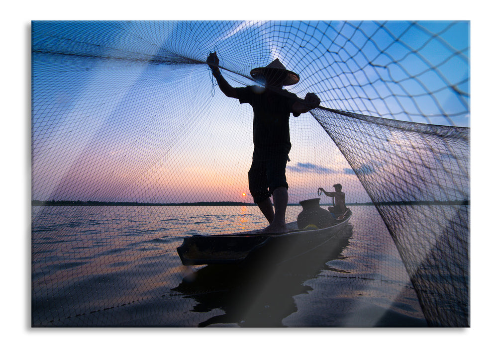 Pixxprint Fischer wirft sein Netz, Glasbild