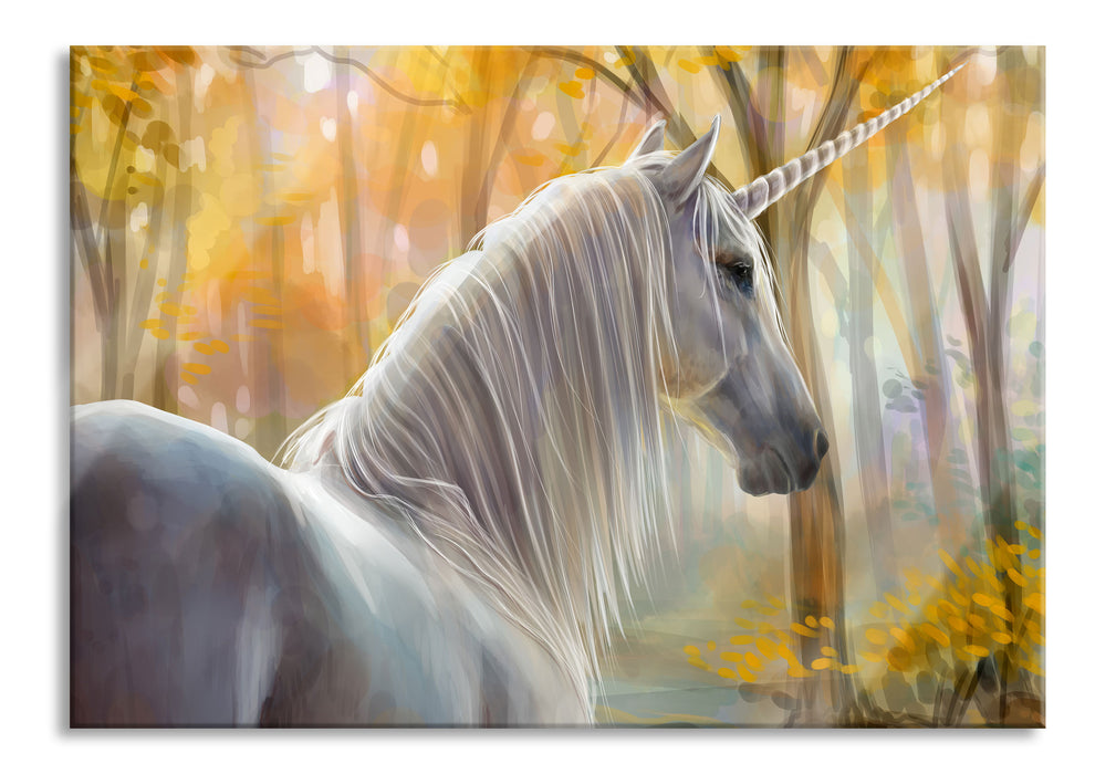 Pixxprint Einsames Einhorn im Wald, Glasbild
