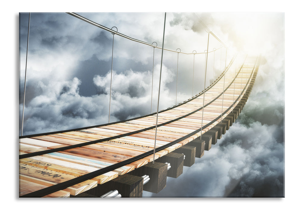 Pixxprint Hölzerne Brücke in den Wolken, Glasbild