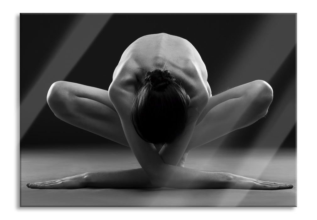 Pixxprint Nackte Frau in besonderer Yogapose, Glasbild