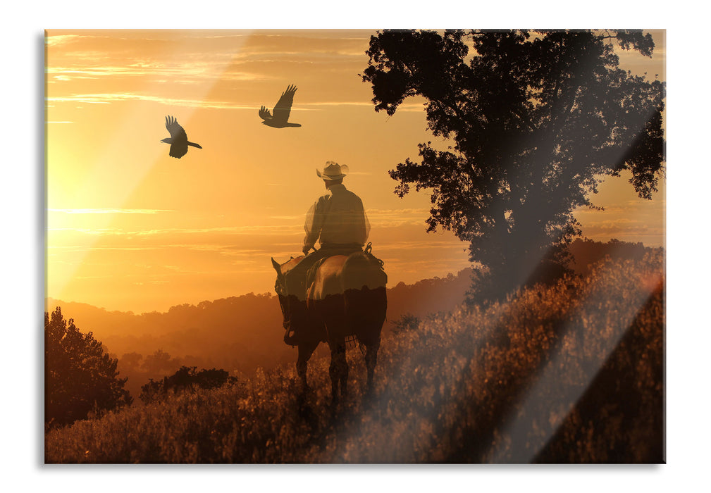 Ein Cowboy im Sonnenuntergang, Glasbild