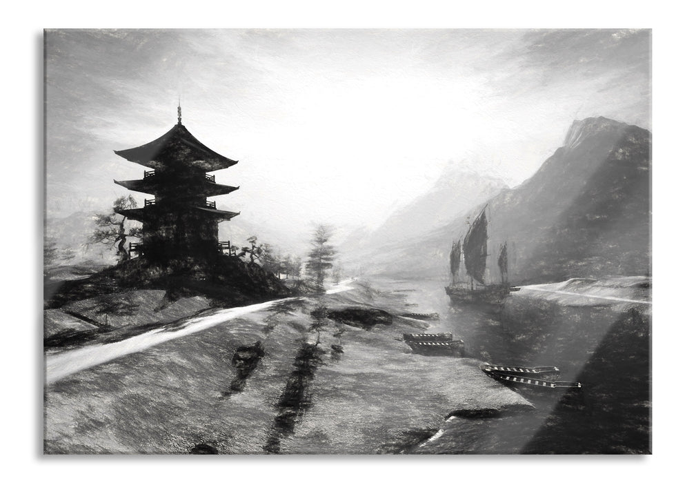 Pixxprint asiatischer Tempel an Fluss, Glasbild