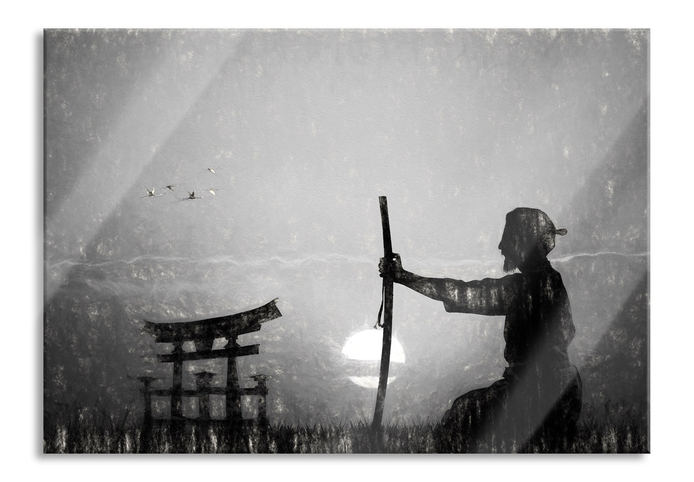 Pixxprint Samurai-Meister vor Horizont, Glasbild