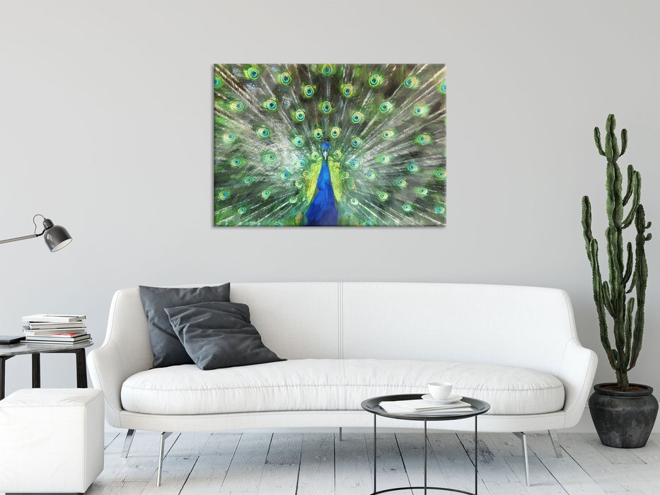 Pfau mit seinem Gefieder, Glasbild