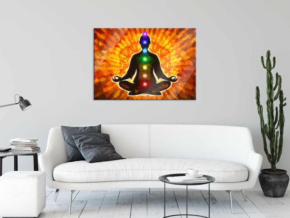 Meditation mit den 7 Chakren Kunst, Glasbild