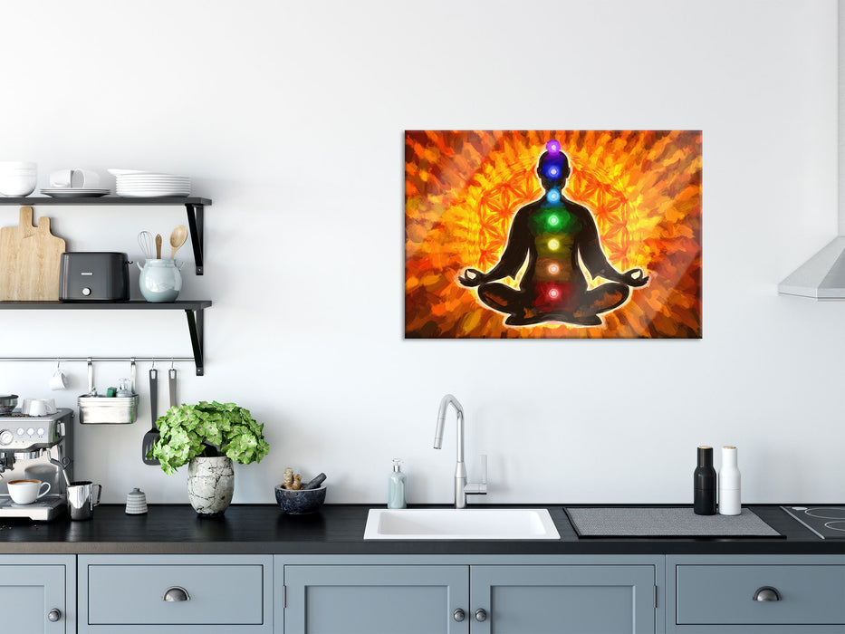 Meditation mit den 7 Chakren Kunst, Glasbild