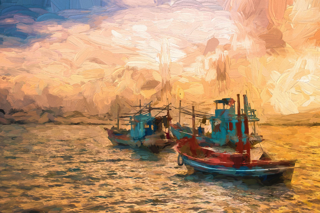 thailändische Fischerboote im Meer, Glasbild