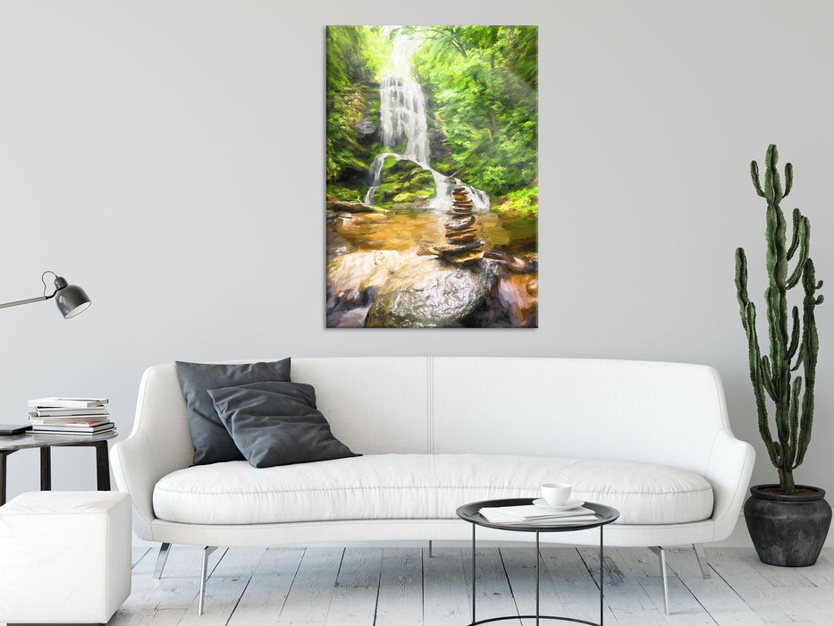 Zen Steine vor Wasserfall Kunst, Glasbild