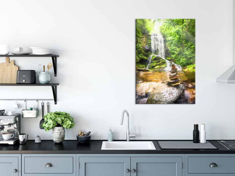 Zen Steine vor Wasserfall Kunst, Glasbild