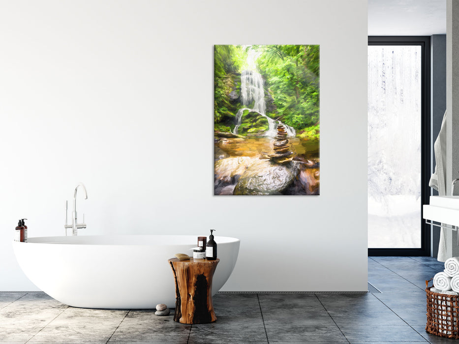 Zen Steine vor Wasserfall Kunst, Glasbild