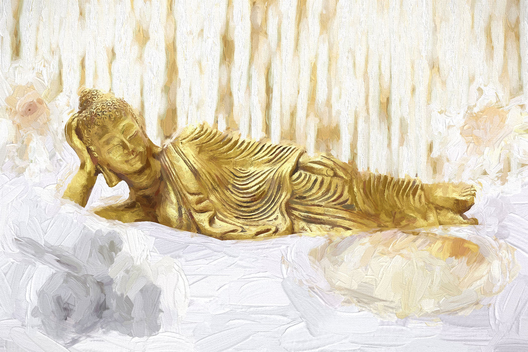 goldener Buddha auf Handtuch Kunst, Glasbild