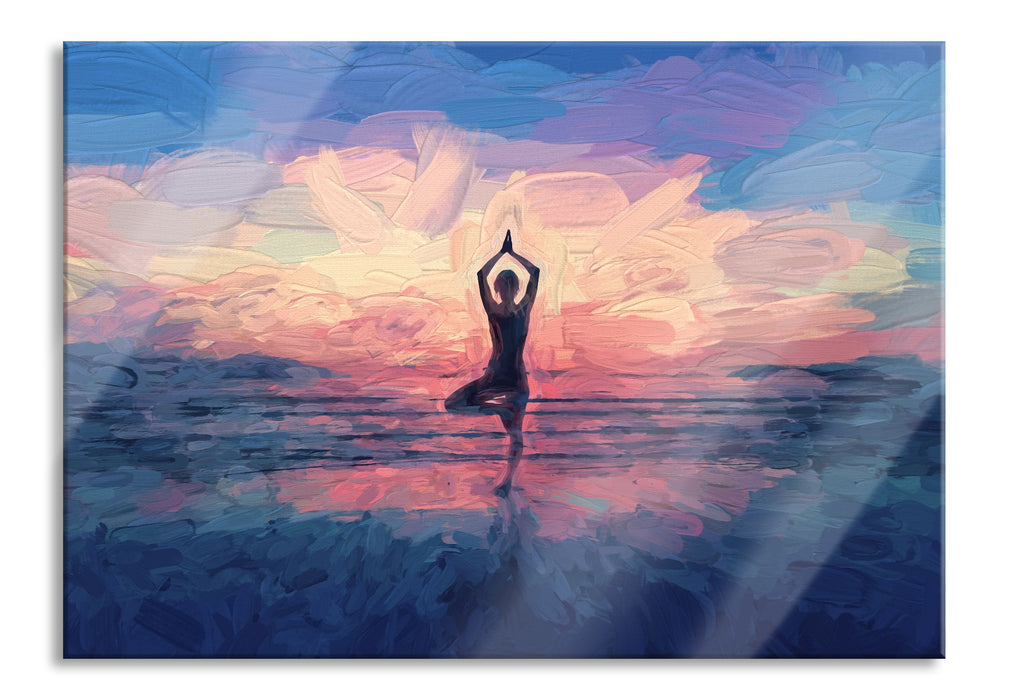 Yoga am Strand Kunst, Glasbild