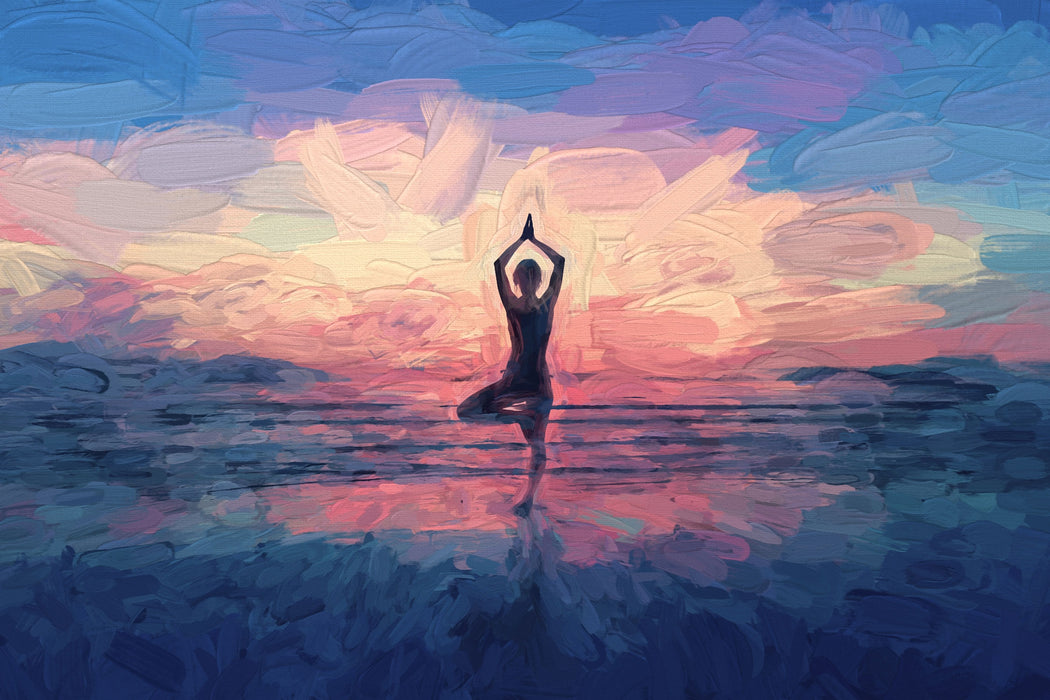 Yoga am Strand Kunst, Glasbild