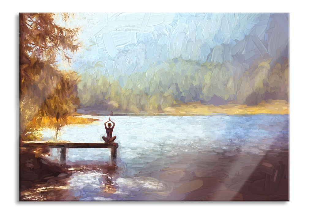 Pixxprint Yoga am See Kunst, Glasbild