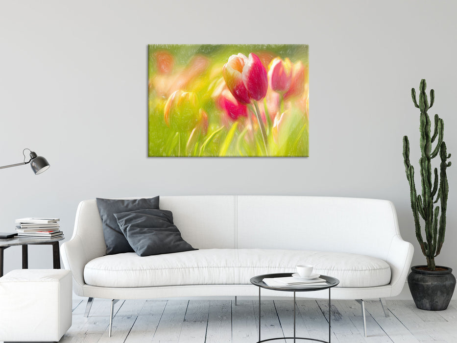 Blühende Tulpen, Glasbild