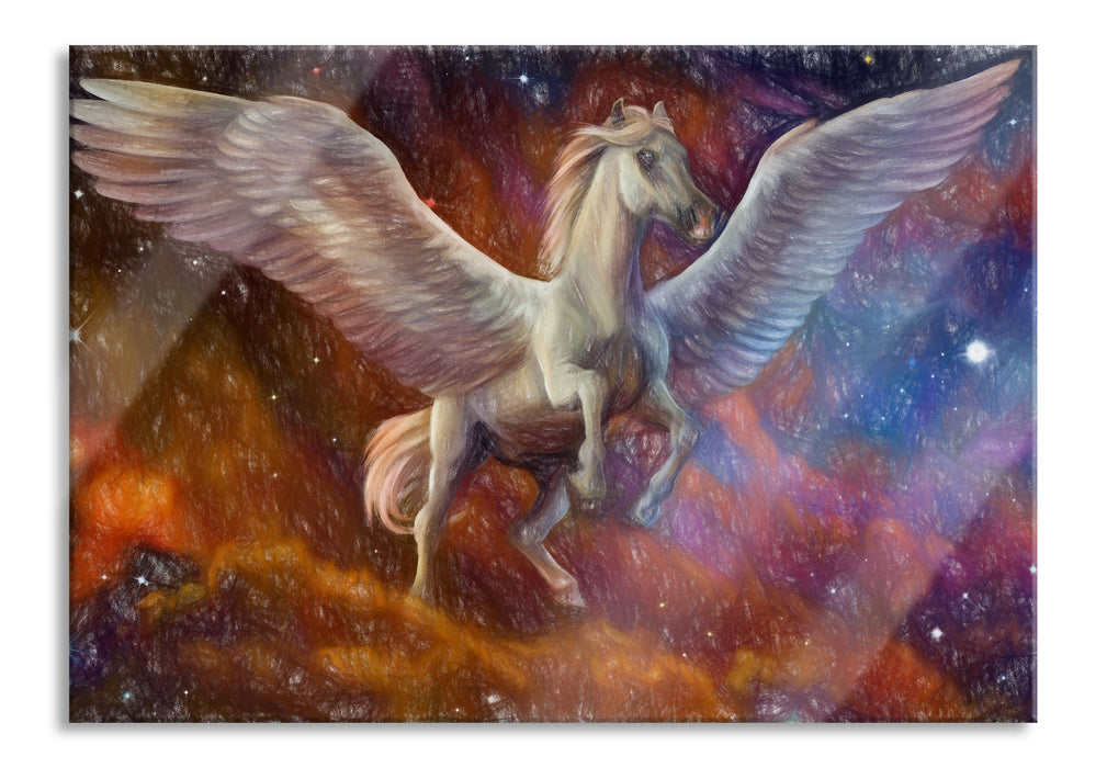 Weißer Pegasus mit Engelsflügel, Glasbild