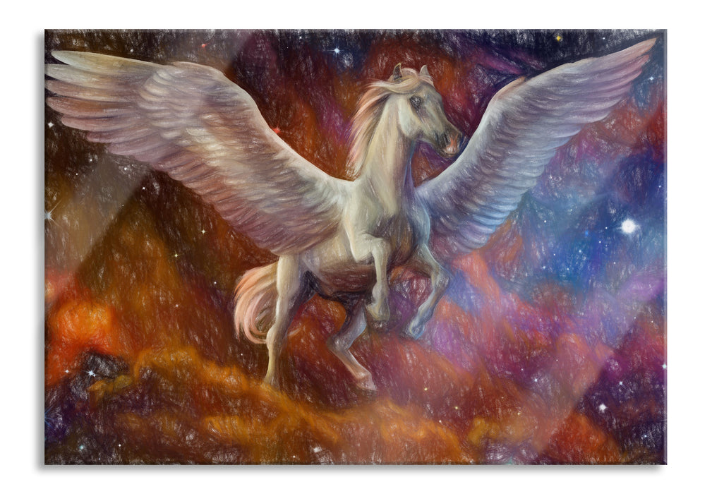 Pixxprint Weißer Pegasus mit Engelsflügel, Glasbild