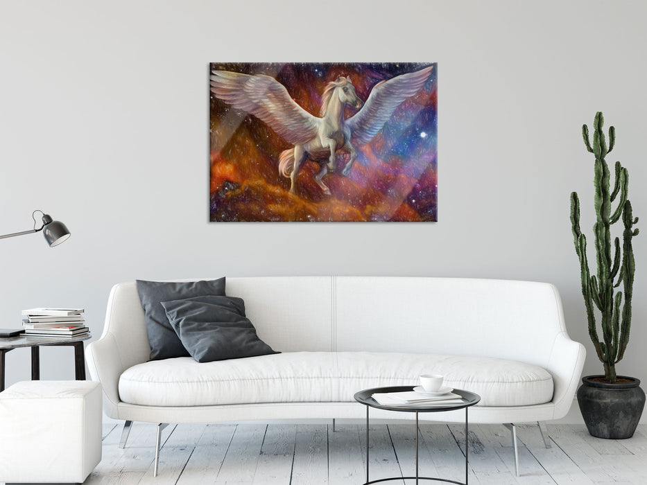 Weißer Pegasus mit Engelsflügel, Glasbild