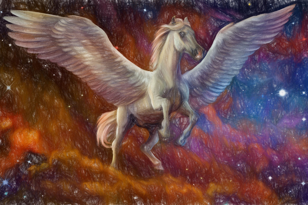 Weißer Pegasus mit Engelsflügel, Glasbild