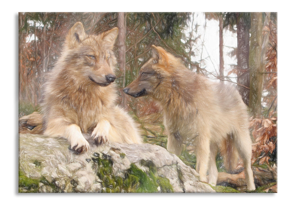 Pixxprint Wölfe im Wald, Glasbild