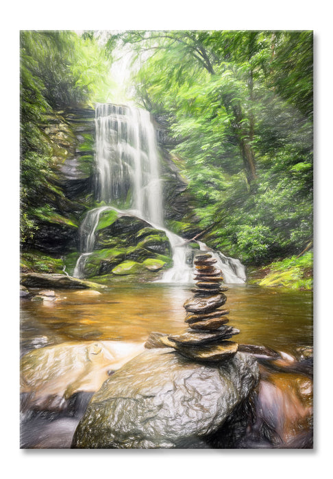 Pixxprint Zen Steine vor Wasserfall, Glasbild