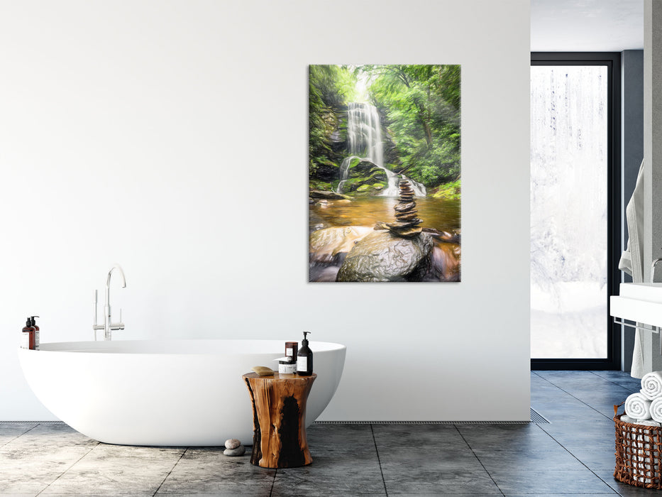 Zen Steine vor Wasserfall, Glasbild