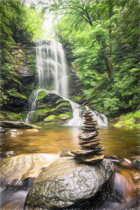 Zen Steine vor Wasserfall, Glasbild