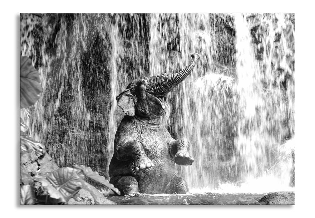 Pixxprint Babyelefant am Wasserfall, Glasbild