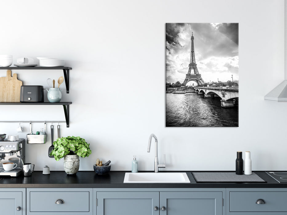 Eiffelturm in Paris Kunst B&W, Glasbild
