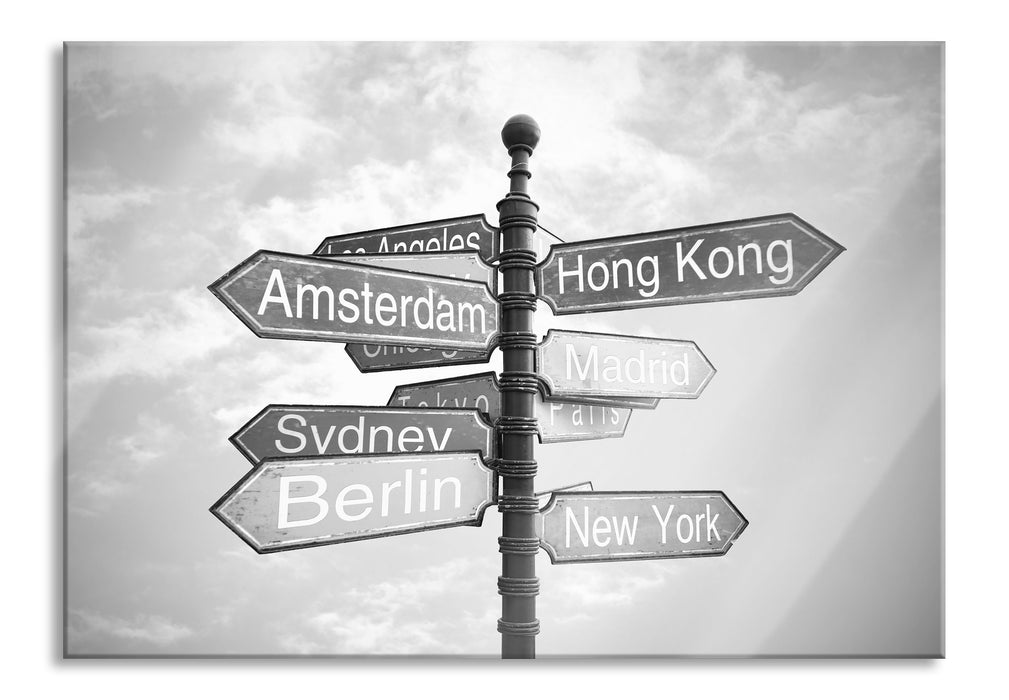 Pixxprint Städte Wegweiser Kunst B&W, Glasbild