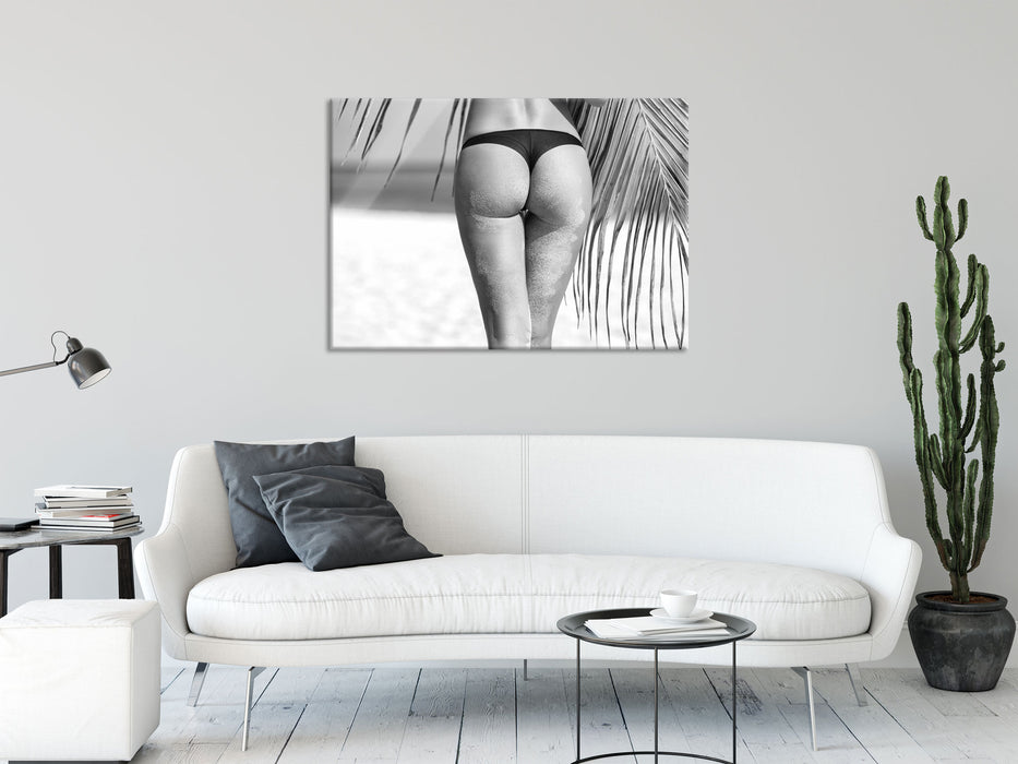 Sexy Frau am Strand Kunst B&W, Glasbild