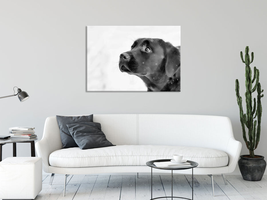 Schwarzer Labrador im Schnee, Glasbild