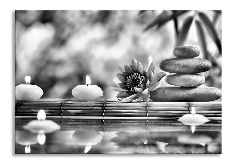 Seerose mit Zen Steinen im Tempel, Glasbild