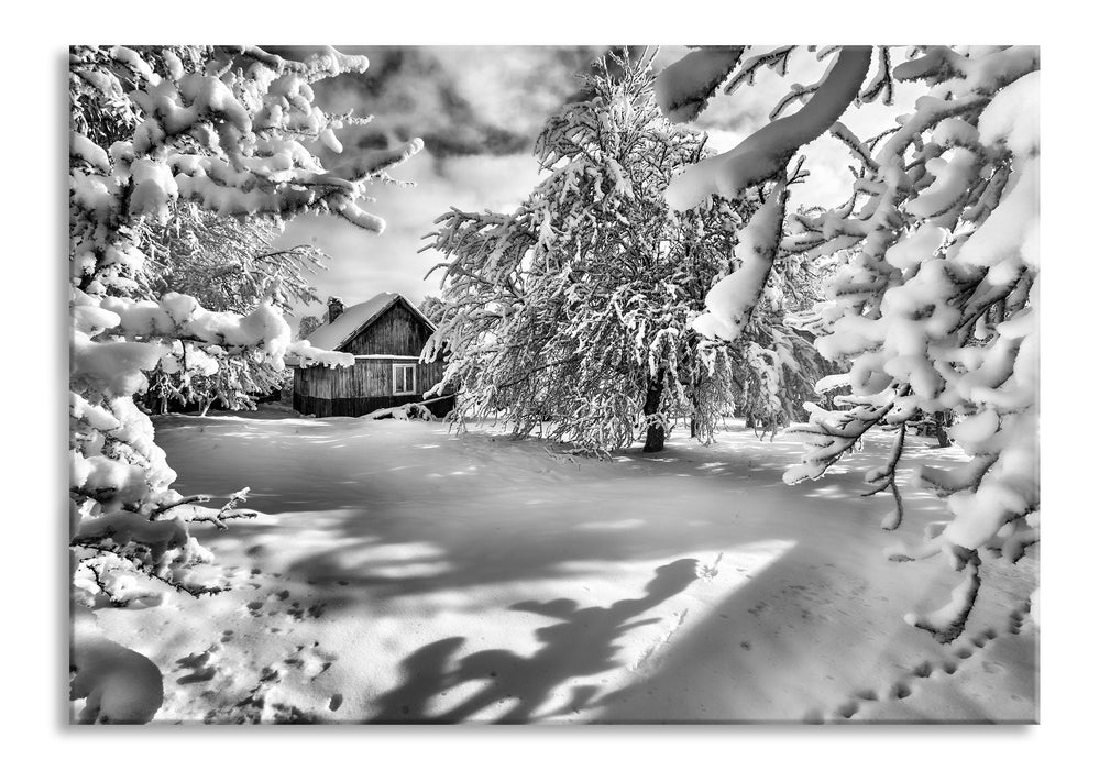 Pixxprint Winterlandschaft mit Hütte, Glasbild