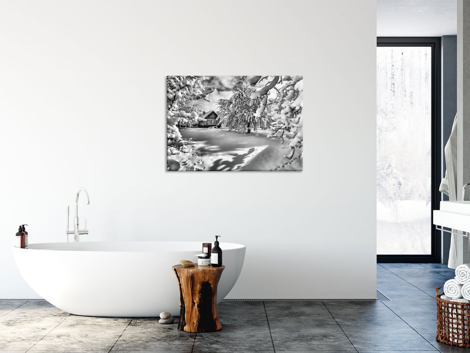 Winterlandschaft mit Hütte, Glasbild