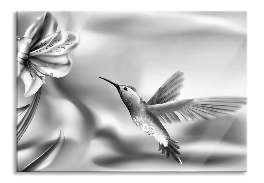 Wunderschöner Kolibri mit Blüte, Glasbild