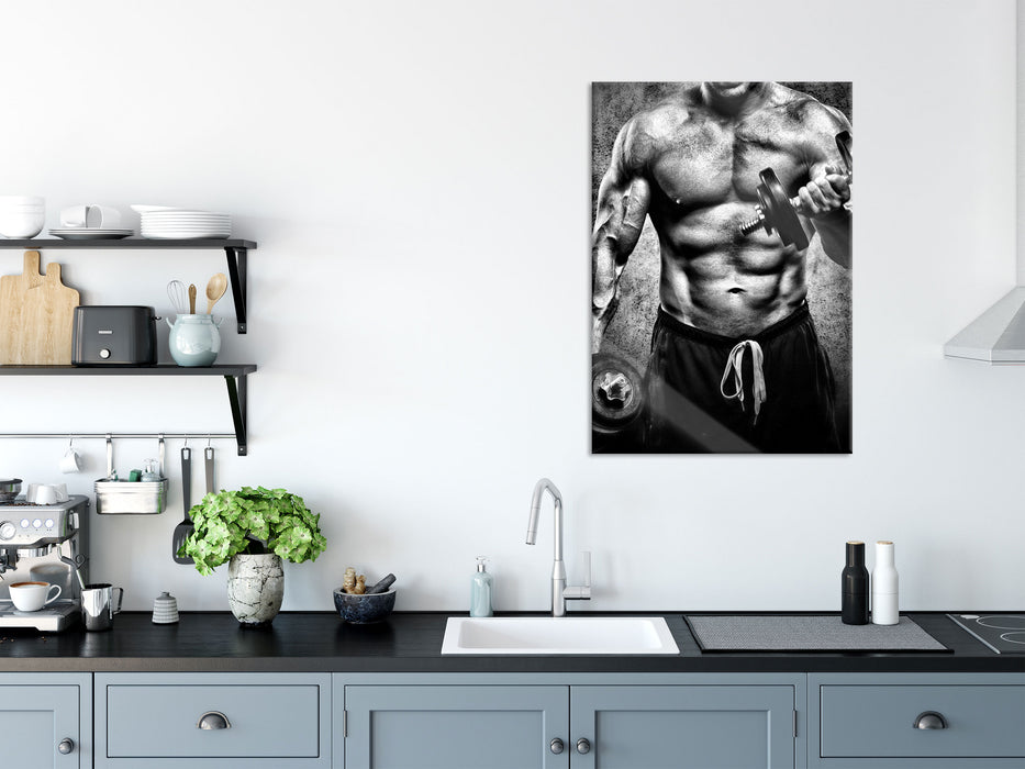 Starker Bodybuilder mit Hantel, Glasbild