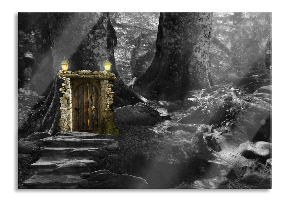 Pixxprint Geheimes Tor im Wald, Glasbild