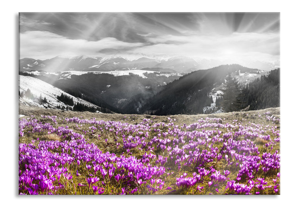 Berglandschaft Regenbogen, Glasbild