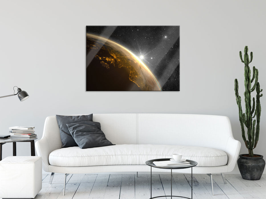 Die Sonne und Erde im Weltall, Glasbild