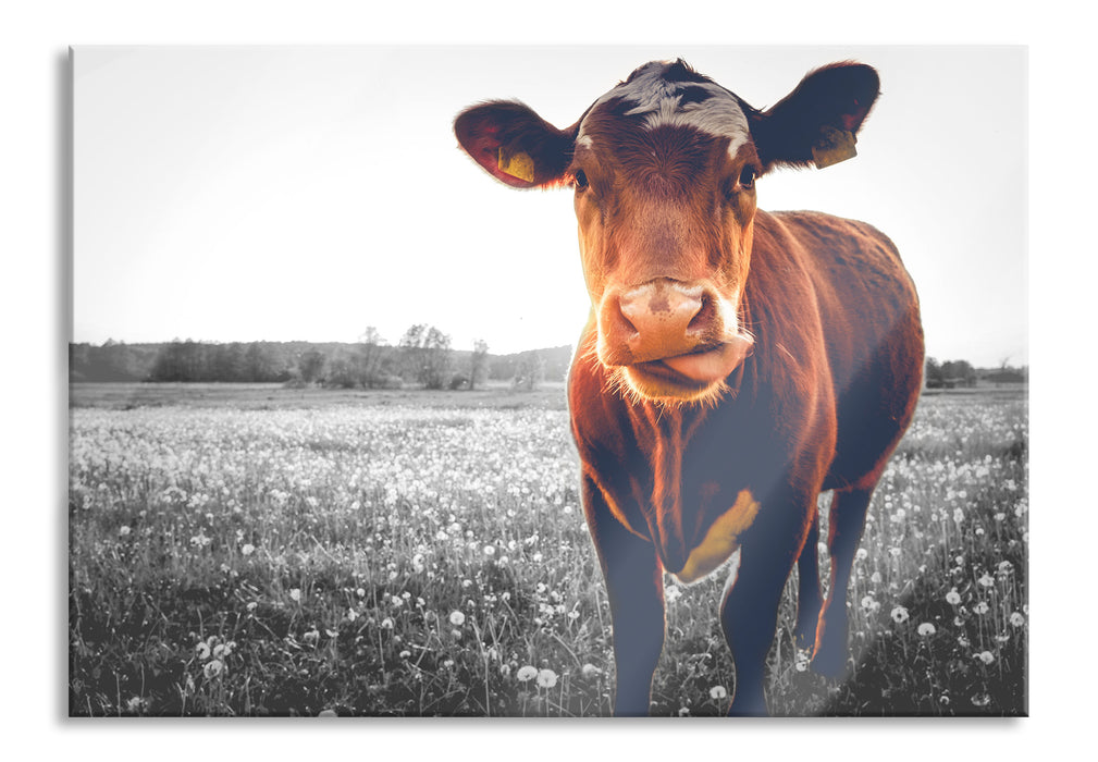 Pixxprint Kuh auf Butterblumenwiese, Glasbild