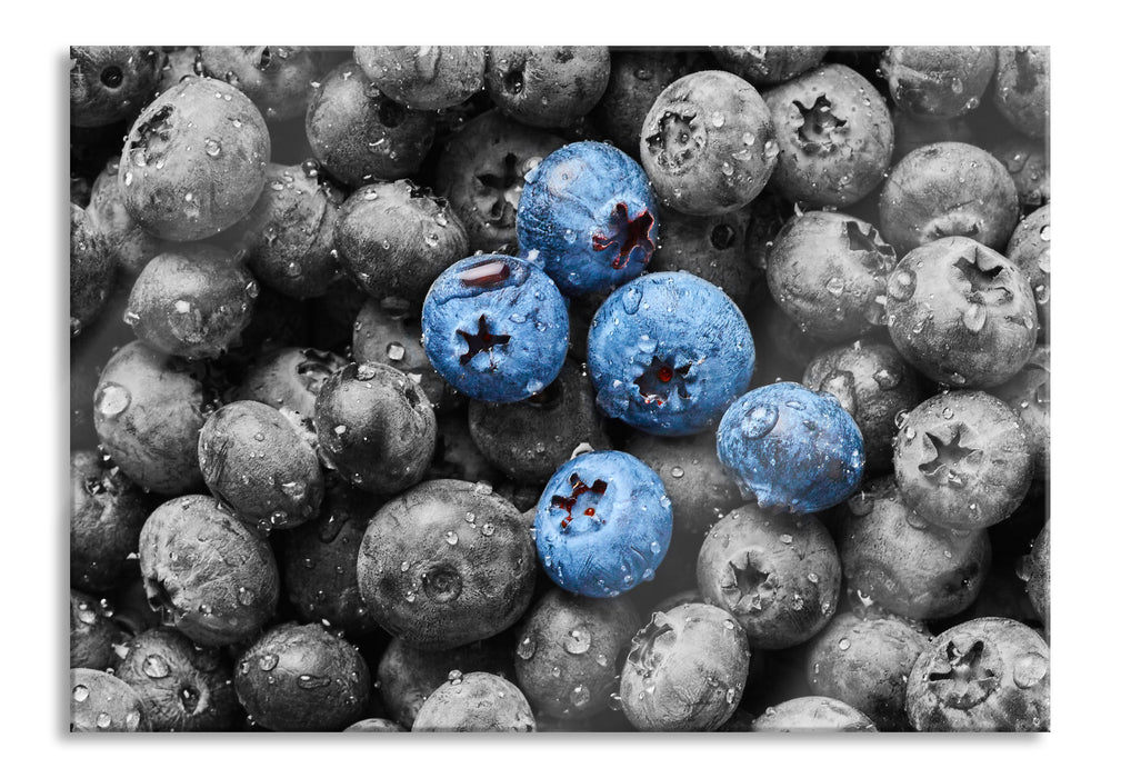 Blaubeeren mit Wassertropfen, Glasbild