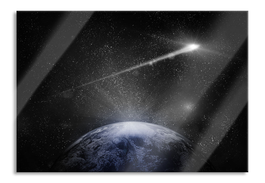 Sternschnuppe fliegt über die Erde, Glasbild