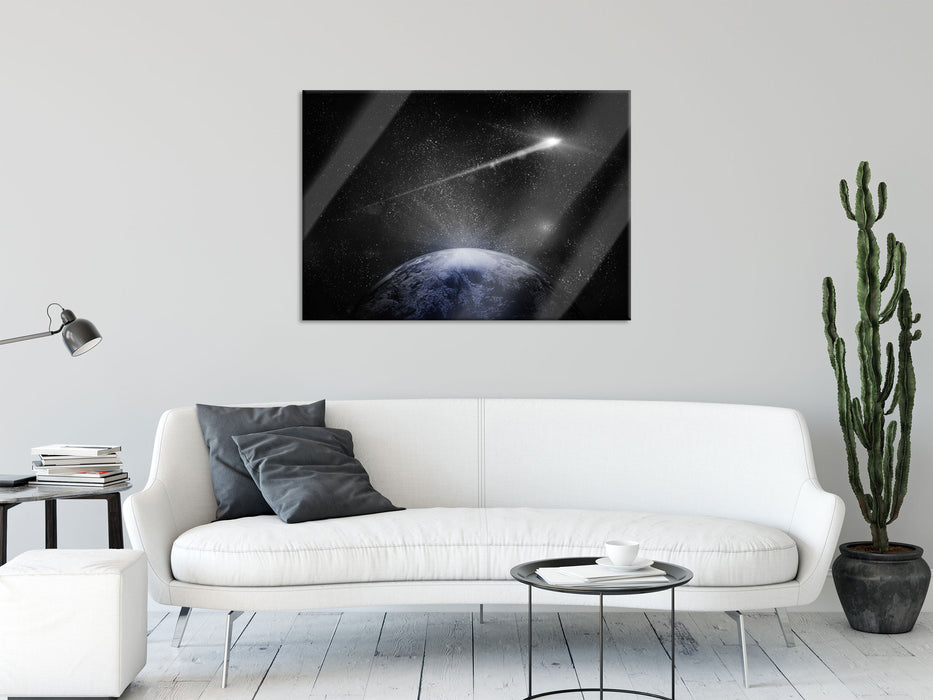 Sternschnuppe fliegt über die Erde, Glasbild