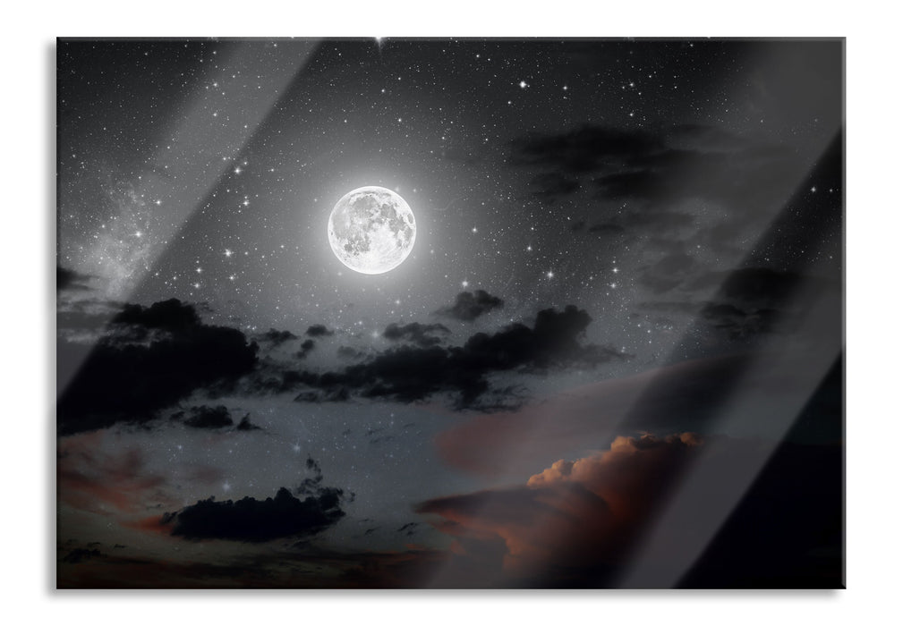 Pixxprint Leuchtender Mond am Nachthimmel, Glasbild
