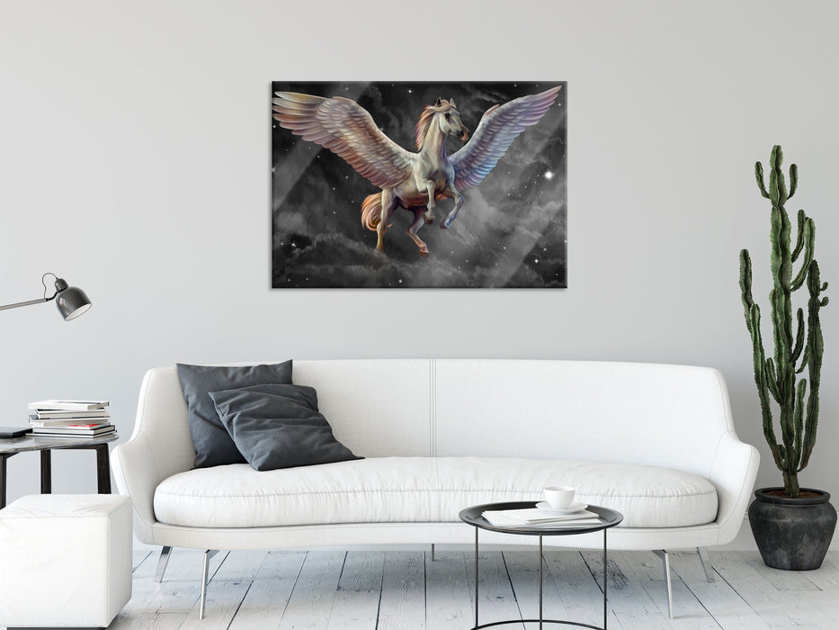Weißer Pegasus mit Engelsflügel, Glasbild