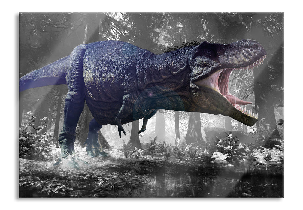 T-Rex Dinosaurier im Wald, Glasbild
