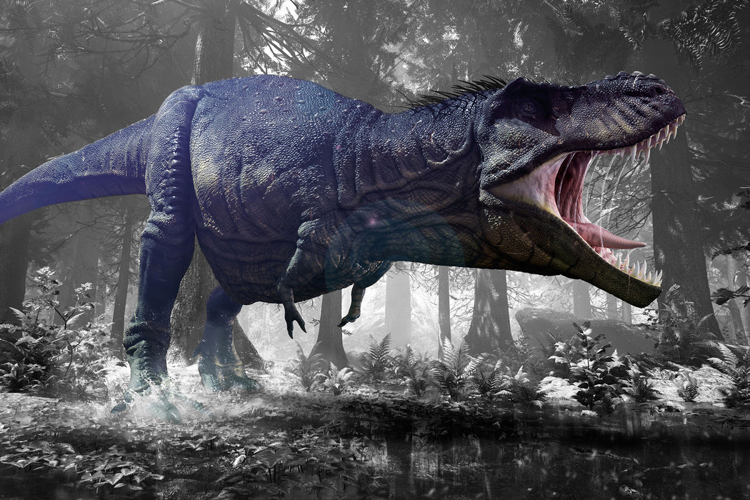 T-Rex Dinosaurier im Wald, Glasbild