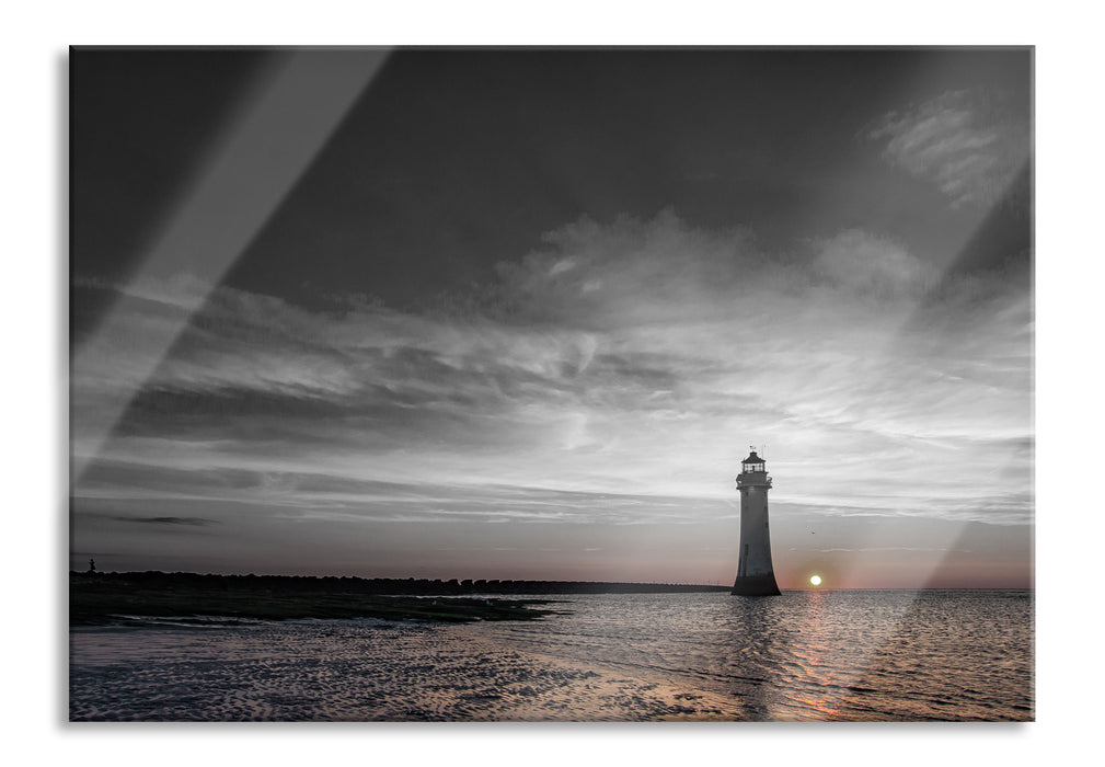 Leuchtturm im Sonnenuntergang, Glasbild